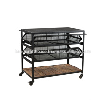 Industrial metal and wood drawers with wheels kitchen cart